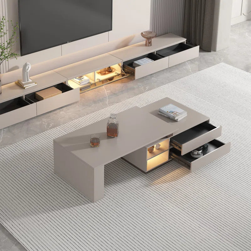 Extendable Rectangular Coffee Table with Storage Drawers Modern Pedestal Center Table
