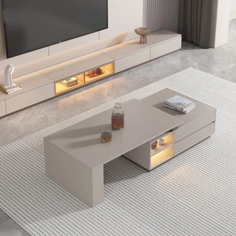 Extendable Rectangular Coffee Table with Storage Drawers Modern Pedestal Center Table