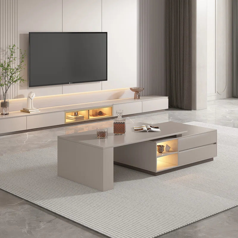 Extendable Rectangular Coffee Table with Storage Drawers Modern Pedestal Center Table