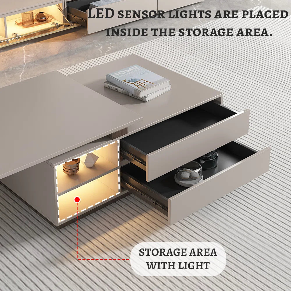 Extendable Rectangular Coffee Table with Storage Drawers Modern Pedestal Center Table