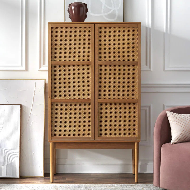 Kalicki Faux Cane Storage Cabinet Shelves, Mid-Century Wooden Cabinet for Dining Room & Living Room