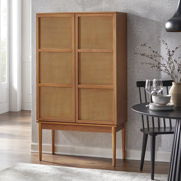 Kalicki Faux Cane Storage Cabinet Shelves, Mid-Century Wooden Cabinet for Dining Room & Living Room Ouch Cart