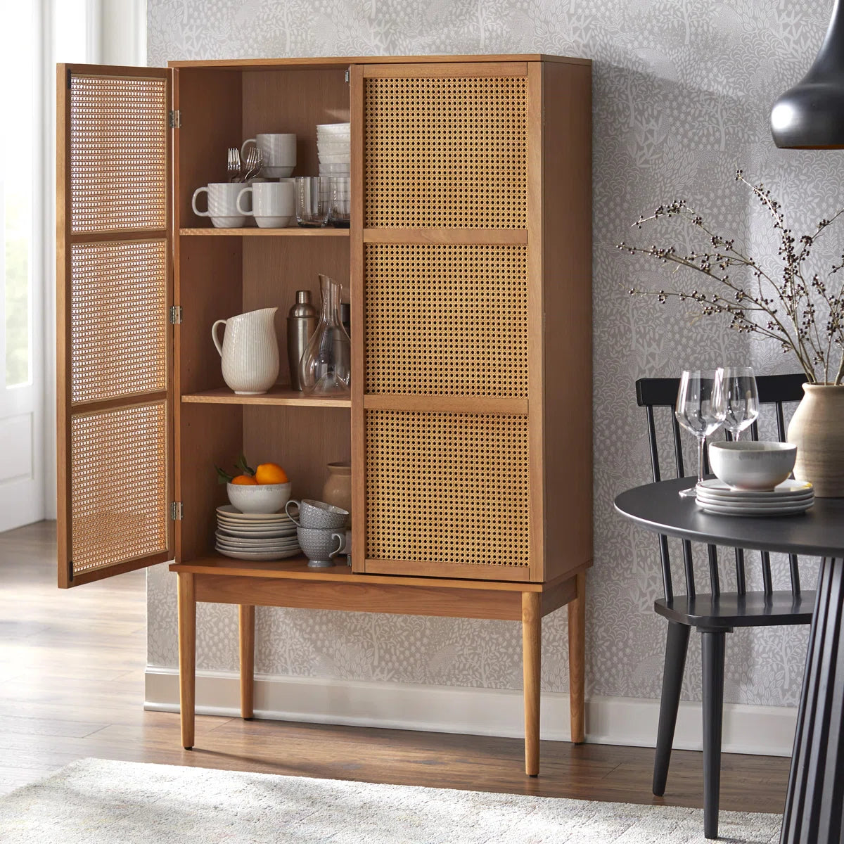 Kalicki Faux Cane Storage Cabinet Shelves, Mid-Century Wooden Cabinet for Dining Room & Living Room Ouch Cart