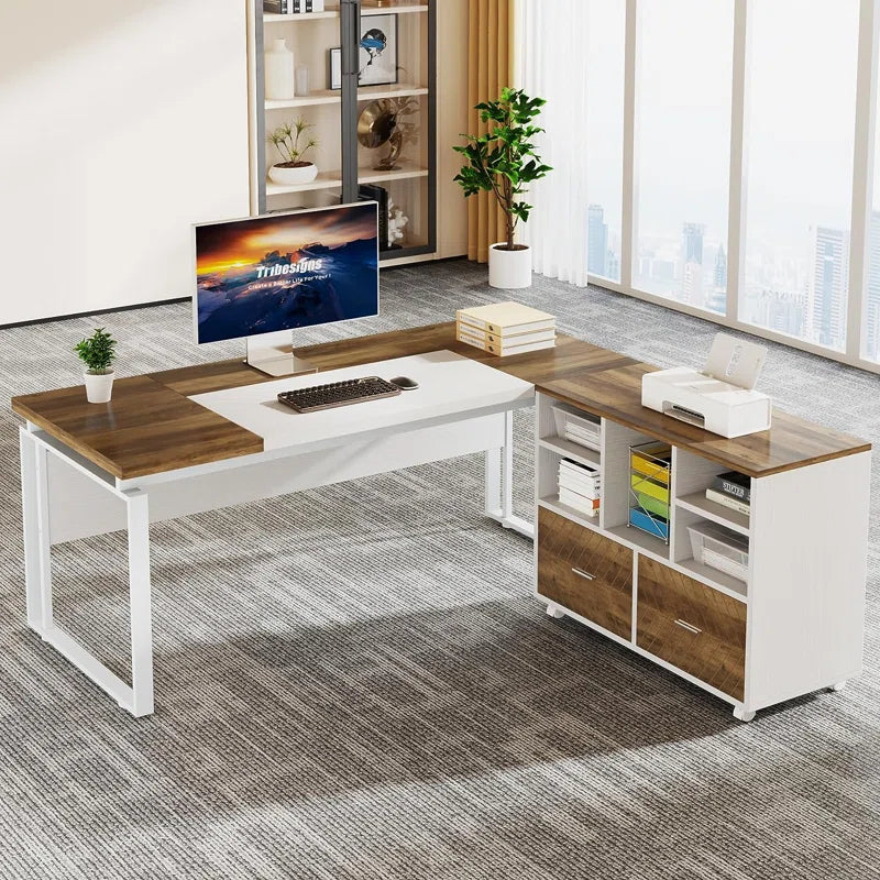 L-Shape Executive Desk with File Cabinet ouch cart