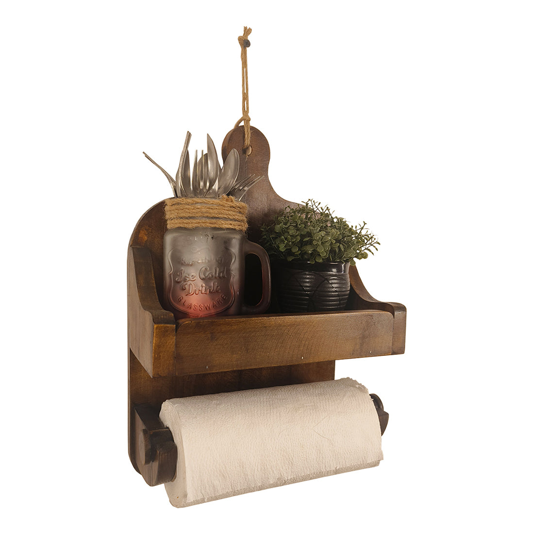 CELIA Wooden Wall Shelf Organiser with Kitchen Roll Holder