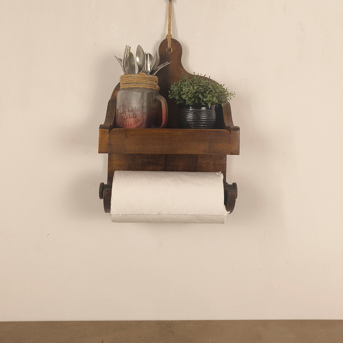 CELIA Wooden Wall Shelf Organiser with Kitchen Roll Holder -OUCH CRT | Kitchen rack