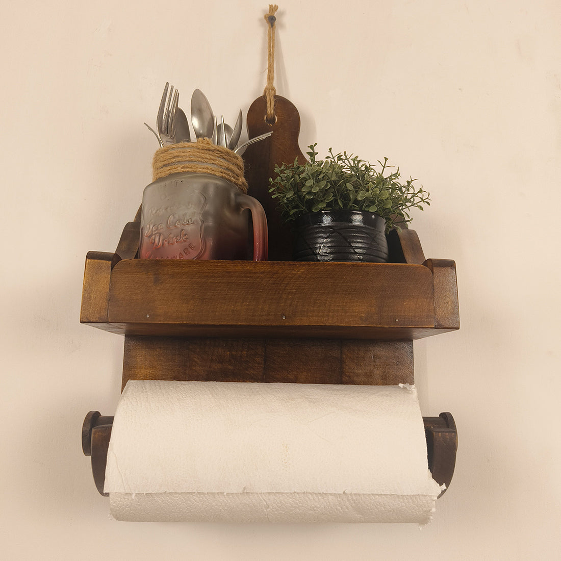 CELIA Wooden Wall Shelf Organiser with Kitchen Roll Holder