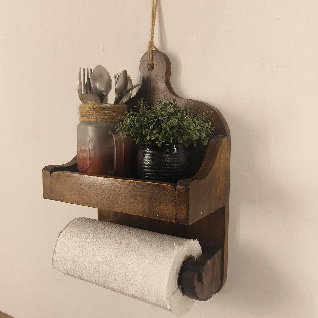 CELIA Wooden Wall Shelf Organiser with Kitchen Roll Holder