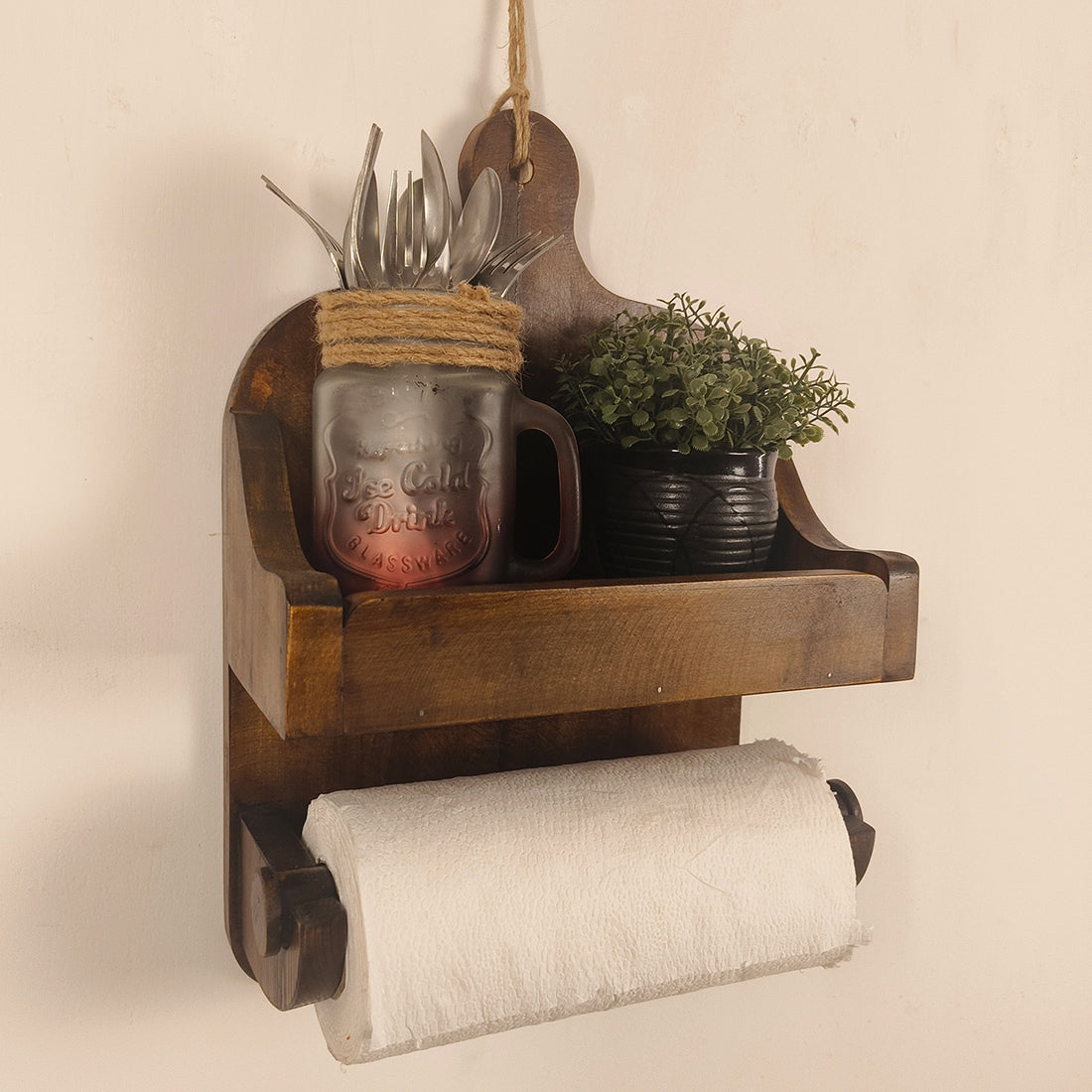 CELIA Wooden Wall Shelf Organiser with Kitchen Roll Holder