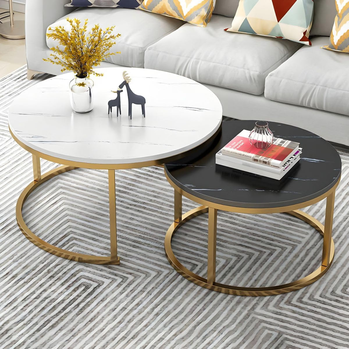 Ouch Cart Round Side Coffee Table Set of 2 with MDF Top & Iron Frame