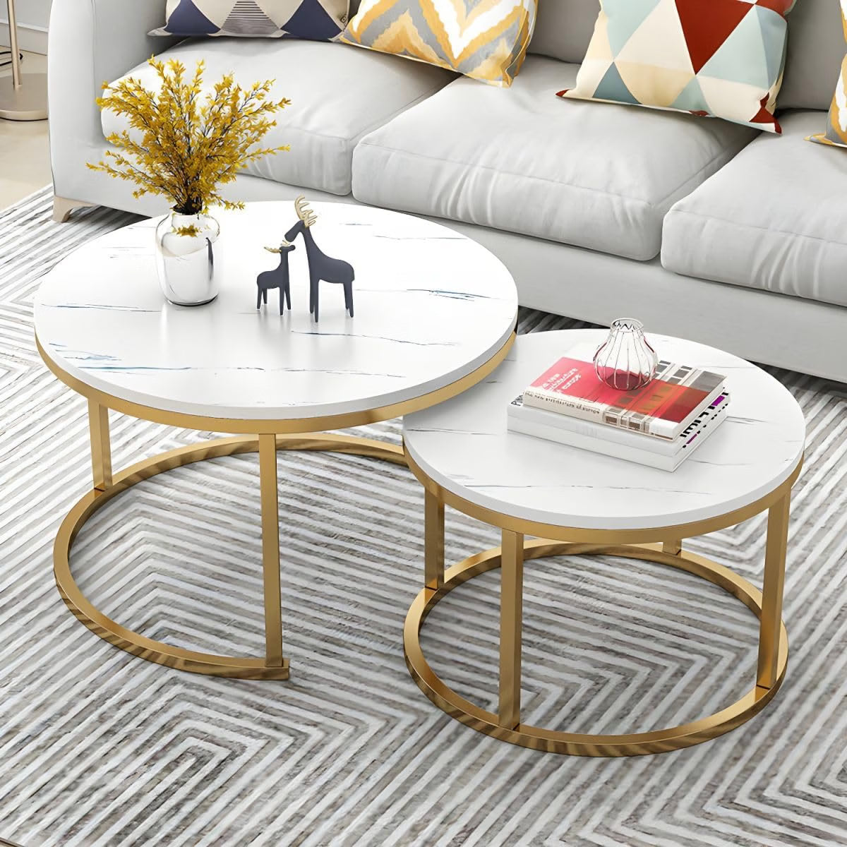 Ouch Cart Round Side Coffee Table Set of 2 with MDF Top & Iron Frame OUCH CART
