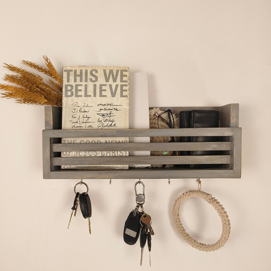 CLAUDE Wooden Wall Shelf Organiser with Key Holders - OUCH CART | Wall decor and key holder