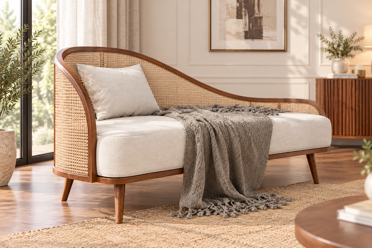 Cane Daybed Sofa with Solid Wood Frame Mid-Century Modern 3 Seater Sofa with Cream Upholstery & Rattan Backrest OUCH CART