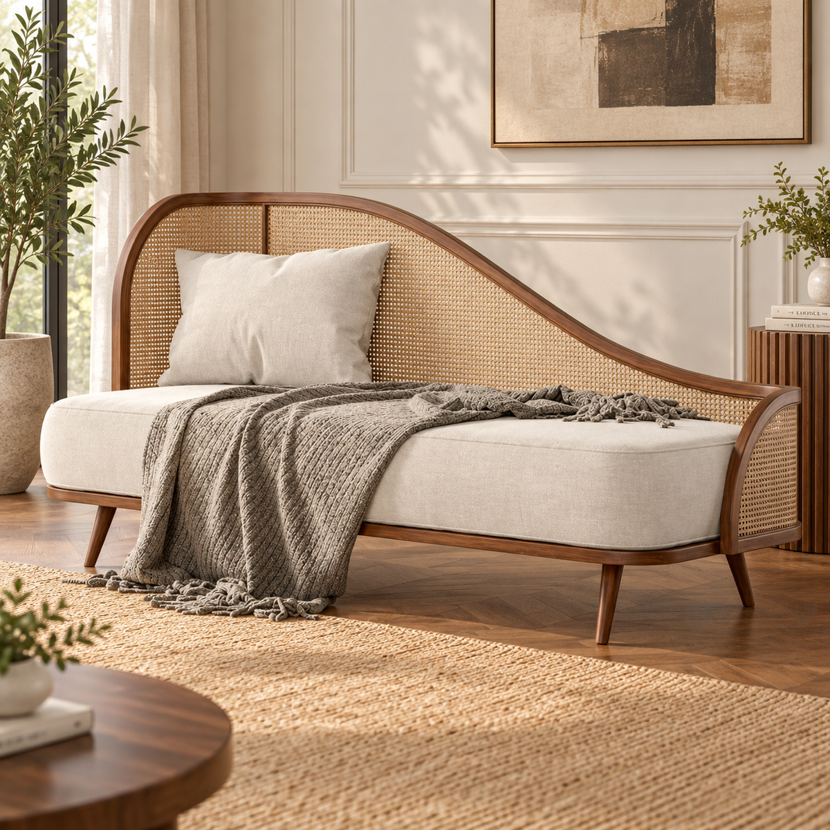 Cane Daybed Sofa with Solid Wood Frame Mid-Century Modern 3 Seater Sofa with Cream Upholstery & Rattan Backrest