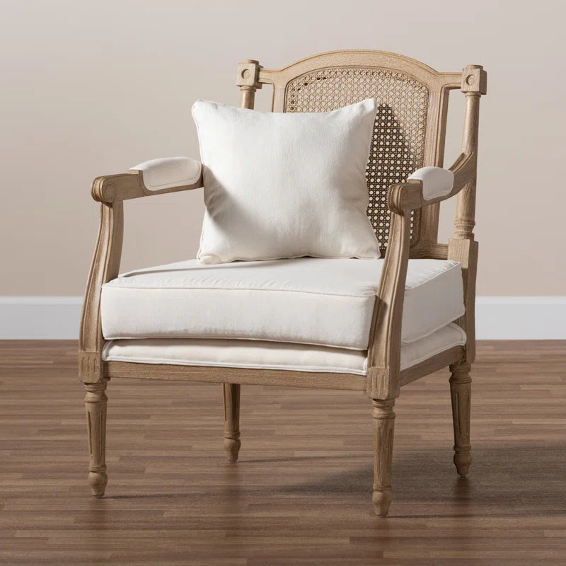 French Antique Mahogany Armchair with Rattan Back & Ivory Upholstery