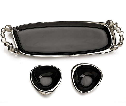 Stones Serving ware Jet Black enamle - Tray & Bowls Set Silver - Ouch Cart