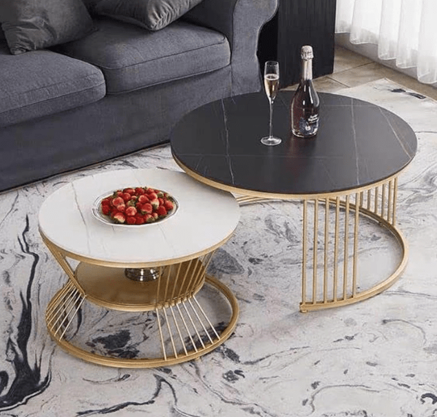 Round Coffee Table, Modern Minimalist Coffee Table, Balcony Coffee Table Side Table Combination, (Black-White-Gold)