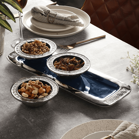Versace Design Bowl Tray Set in Blue Enamle & Silver Finish