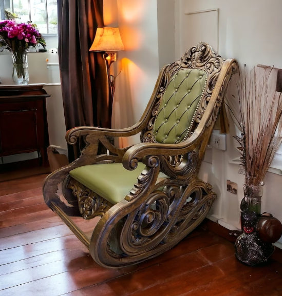 Draco Wooden Rocking Chair, Modern Lounge Chair, Hand Carved Walnut Wood Chair