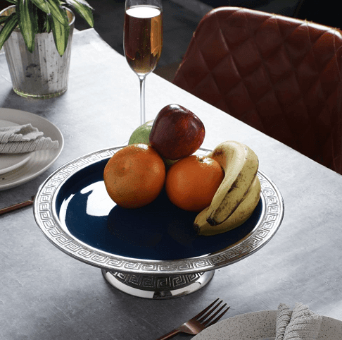 Versace Design Cake Stand in Blue Enamle & Silver Finish - Ouch Cart