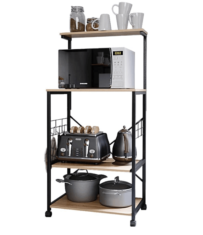4 Tier Kitchen Organizer and Microwave Stand with Wheels and Side Hooks in Natural Finish - Ouch Cart