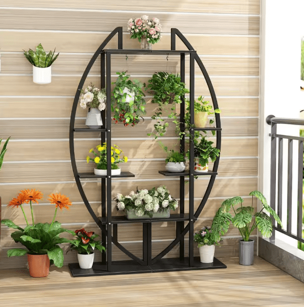 Wellston 74.8 in. Rustic Brown 5-Tier Indoor Plant Stand Flower Rack with  Side Hanging Hooks and S-hooks