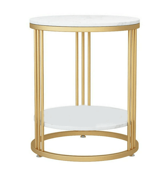 Accent Coffee Table Simple Modern Bedside Cabinet Small Round Table MDF Top Metal Table Living Room Sofa (Golden & White) - Ouch Cart