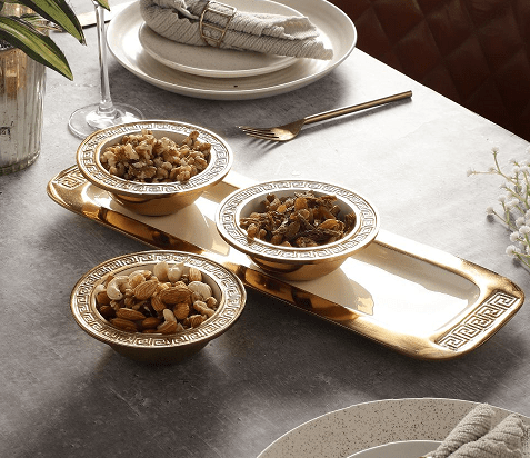 Versace Design Bowl Tray Set in Ivory Enamle & Gold Finish
