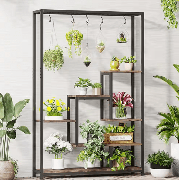 Seller Wellston 70.86 in. Brown 5-Tier Wooden Indoor Plant Stand, Tall Flower Rack with 10-Hook - Ouch Cart