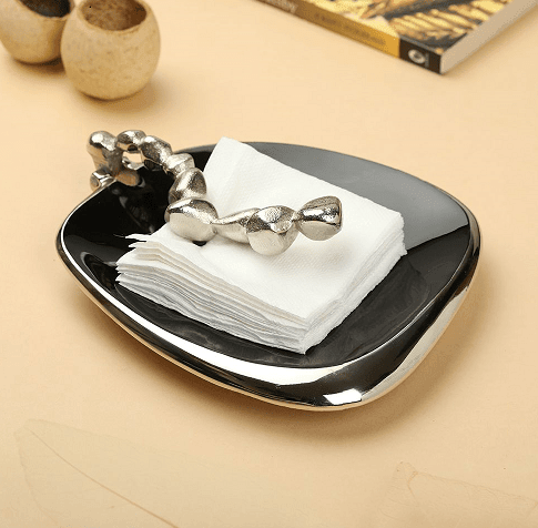 Stones Serving ware Jet Black enamle - Napkin Holder Silver - Ouch Cart