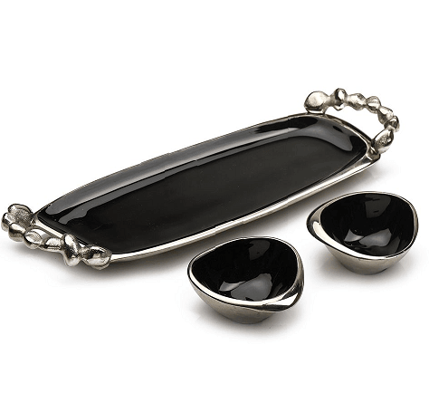 Stones Serving ware Jet Black enamle - Tray & Bowls Set Silver - Ouch Cart