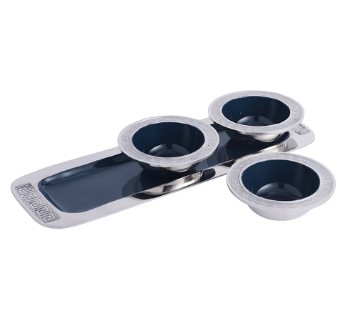 Versace Design Bowl Tray Set in Blue Enamle & Silver Finish
