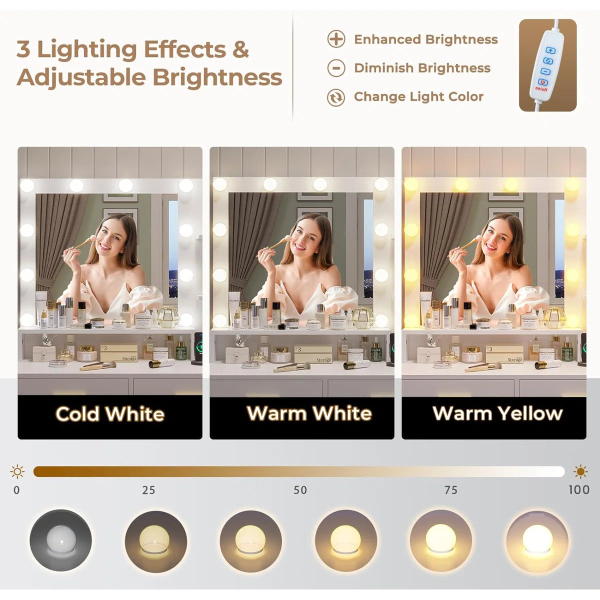 Caryol Vanity Table with LED Mirror Lights for Bedroom OUCH CART