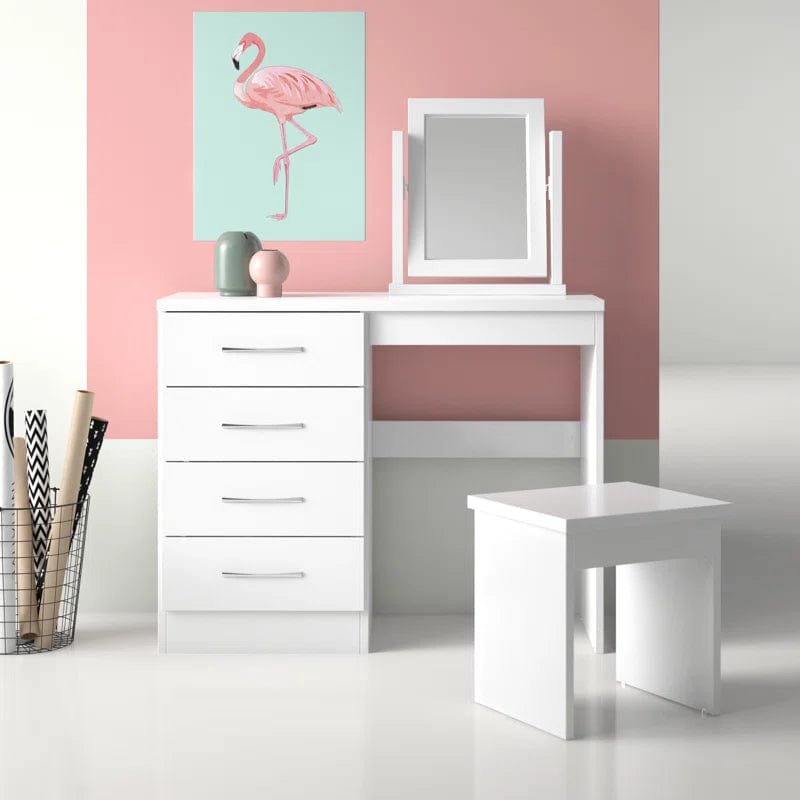 Makeup Vanity Desk with Mirror, White Vanity Table Set with 4 Drawers, Modern Vanity Table for Bedroom