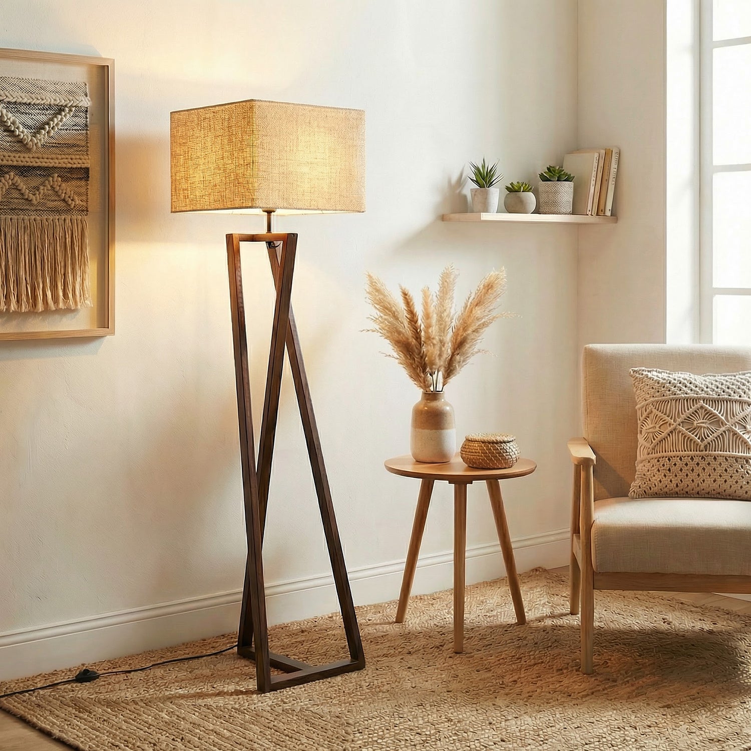 Catapult Wooden Floor Lamp with Brown Base Premium Beige Fabric Lampshade (BULB NOT INCLUDED)
