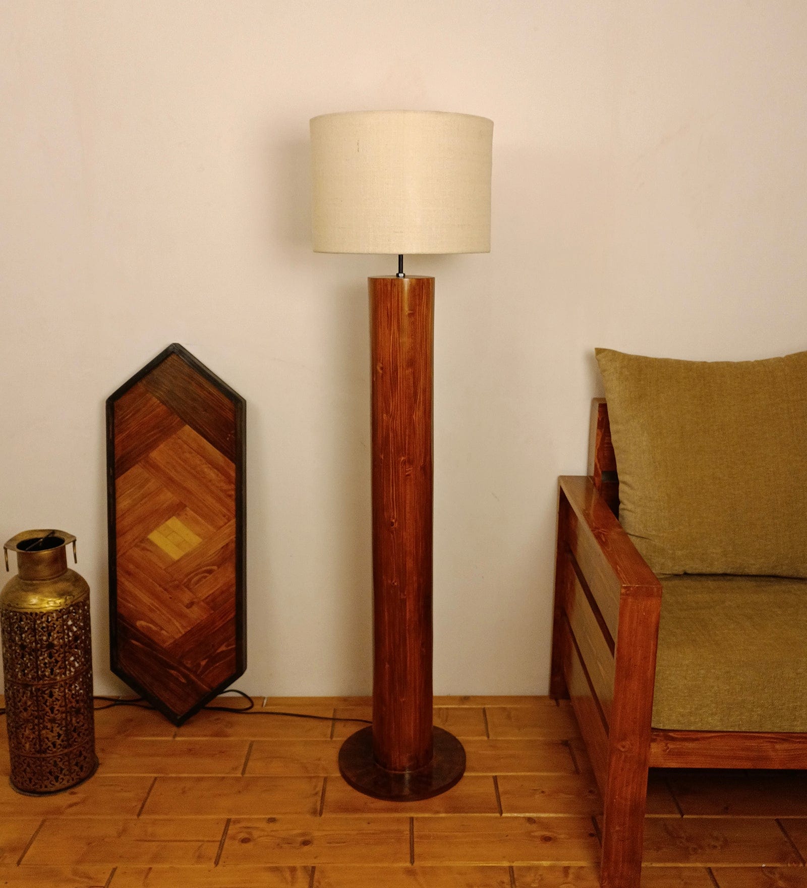 Cedar Wooden Floor Lamp with Premium Beige Fabric Lampshade (BULB NOT INCLUDED)