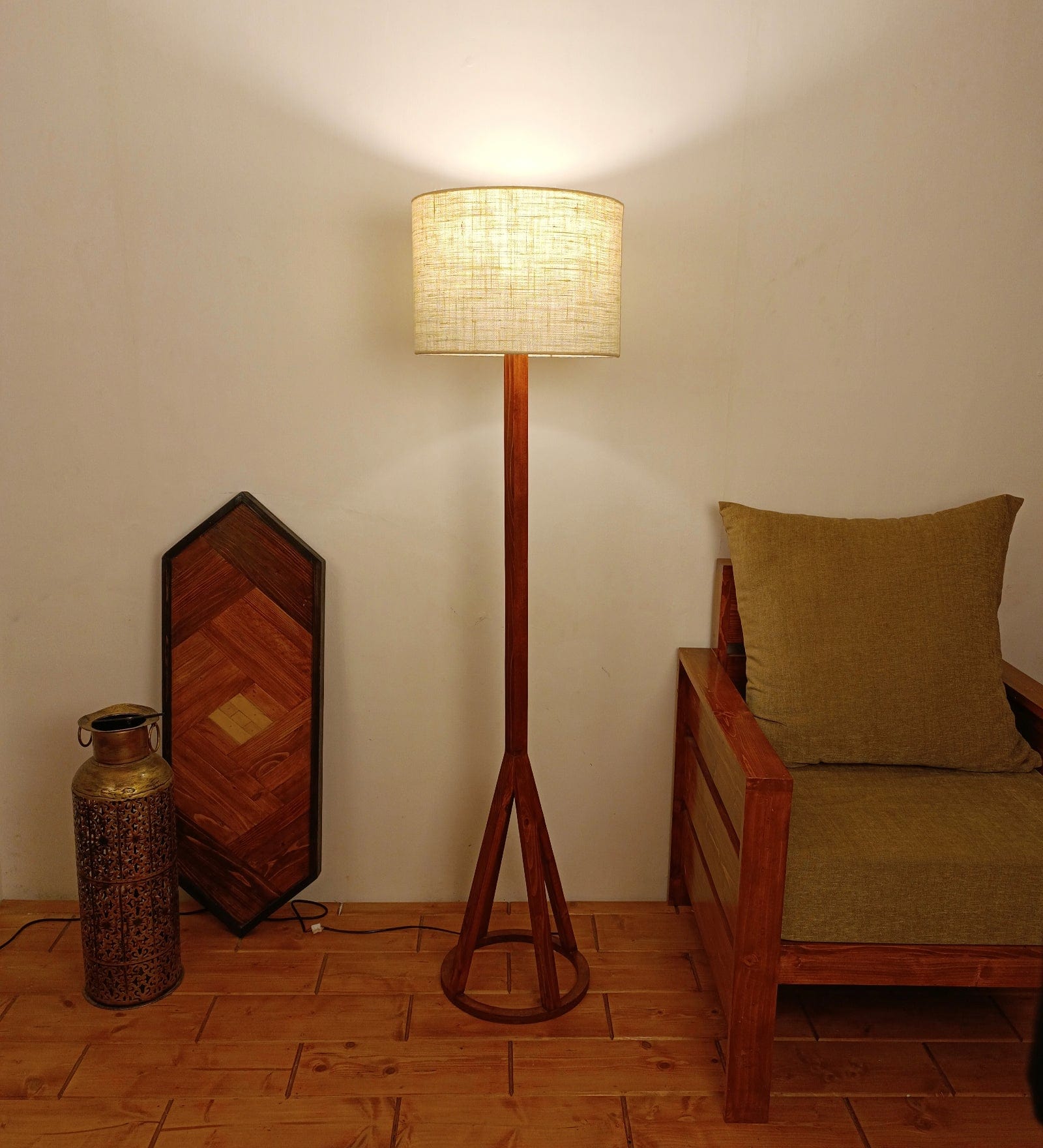 Celine Wooden Floor Lamp with Brown Base and Premium Beige Fabric Lampshade (BULB NOT INCLUDED)