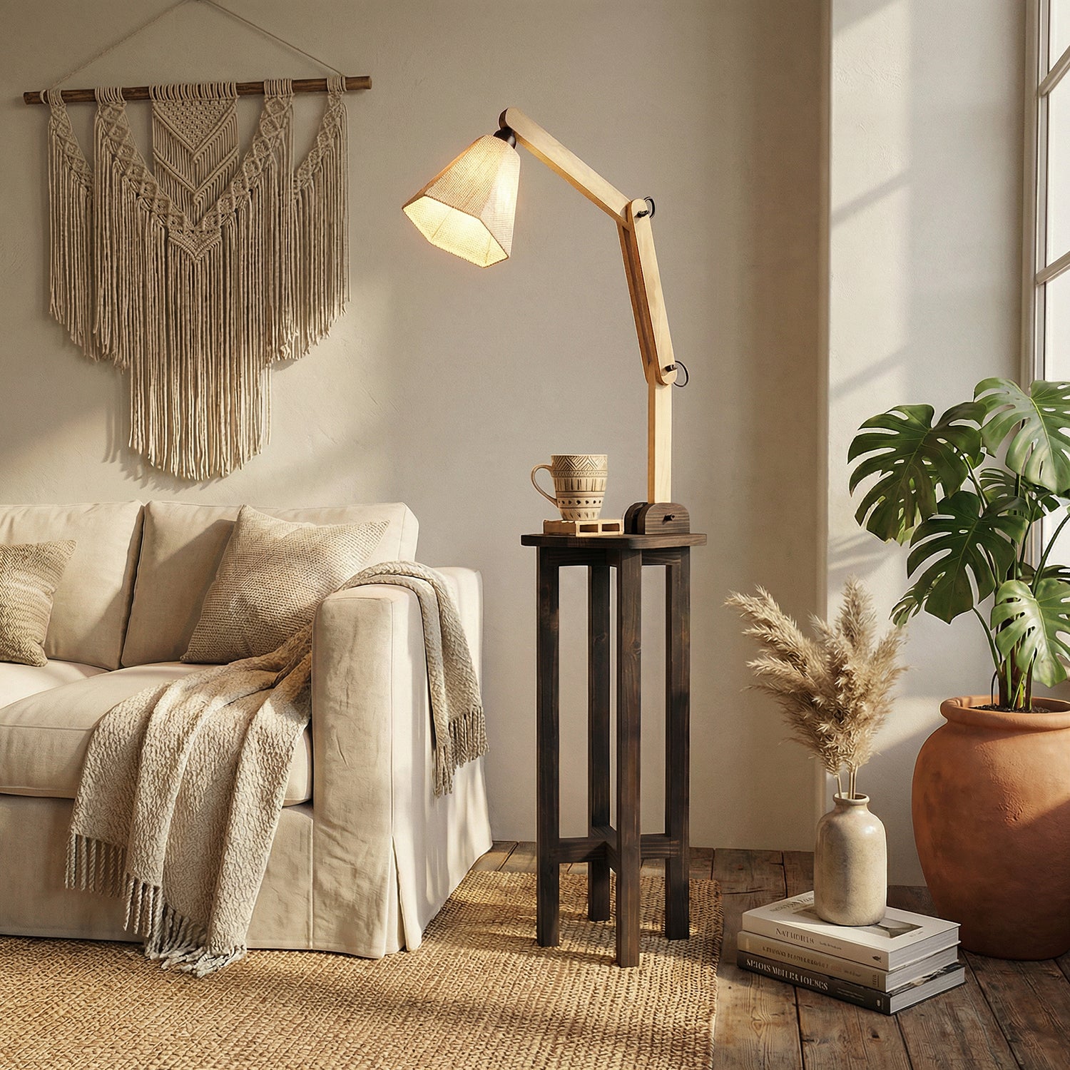 Centaur Wooden Floor Lamp with Beige Fabric Lampshade (BULB NOT INCLUDED)