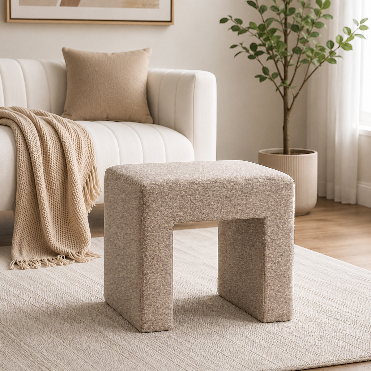 Modern Boucle Vanity Stool Chair with Solid Wooden Legs | Soft Upholstered Ottoman Footstool for Makeup Vanity, Bedroom, Living Room, Entryway & Office (Taupe) OUCH CART