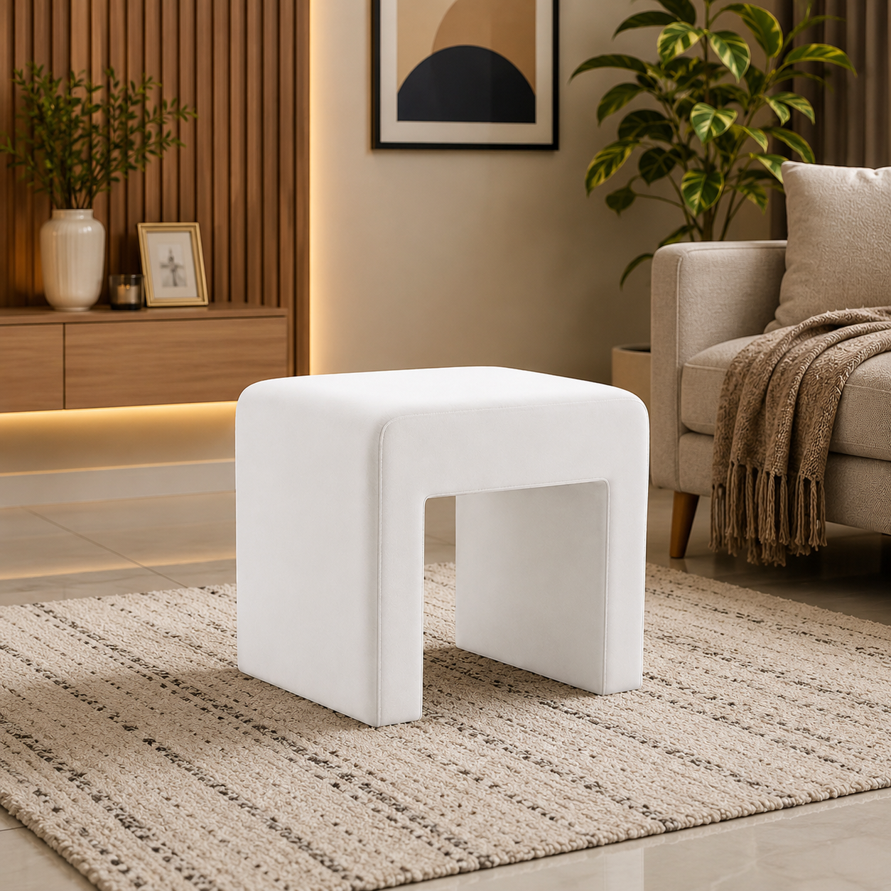 Modern Boucle Vanity Stool Chair with Solid Wooden Legs | Soft Upholstered Ottoman Footstool for Makeup Vanity, Bedroom, Living Room, Entryway & Office (Taupe)- OUCHCART/Stool