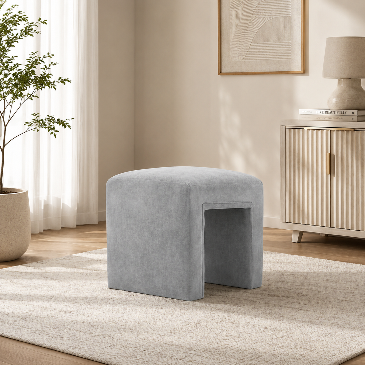 Modern Boucle Vanity Stool Chair with Solid Wooden Legs | Soft Upholstered Ottoman Footstool for Makeup Vanity, Bedroom, Living Room, Entryway & Office (Taupe) OUCH CART