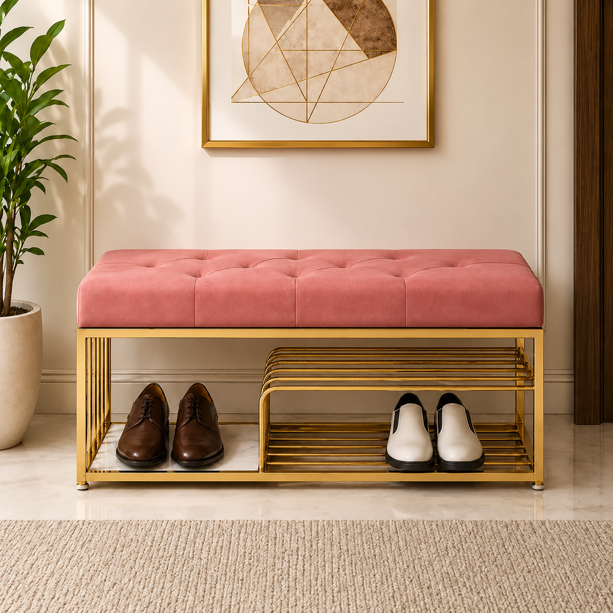 Velvet Upholstered Entryway Shoe Rack Bench with Storage Ouch Cart