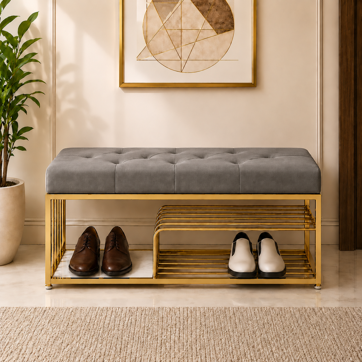 Velvet Upholstered Entryway Shoe Rack Bench with Storage Ouch Cart