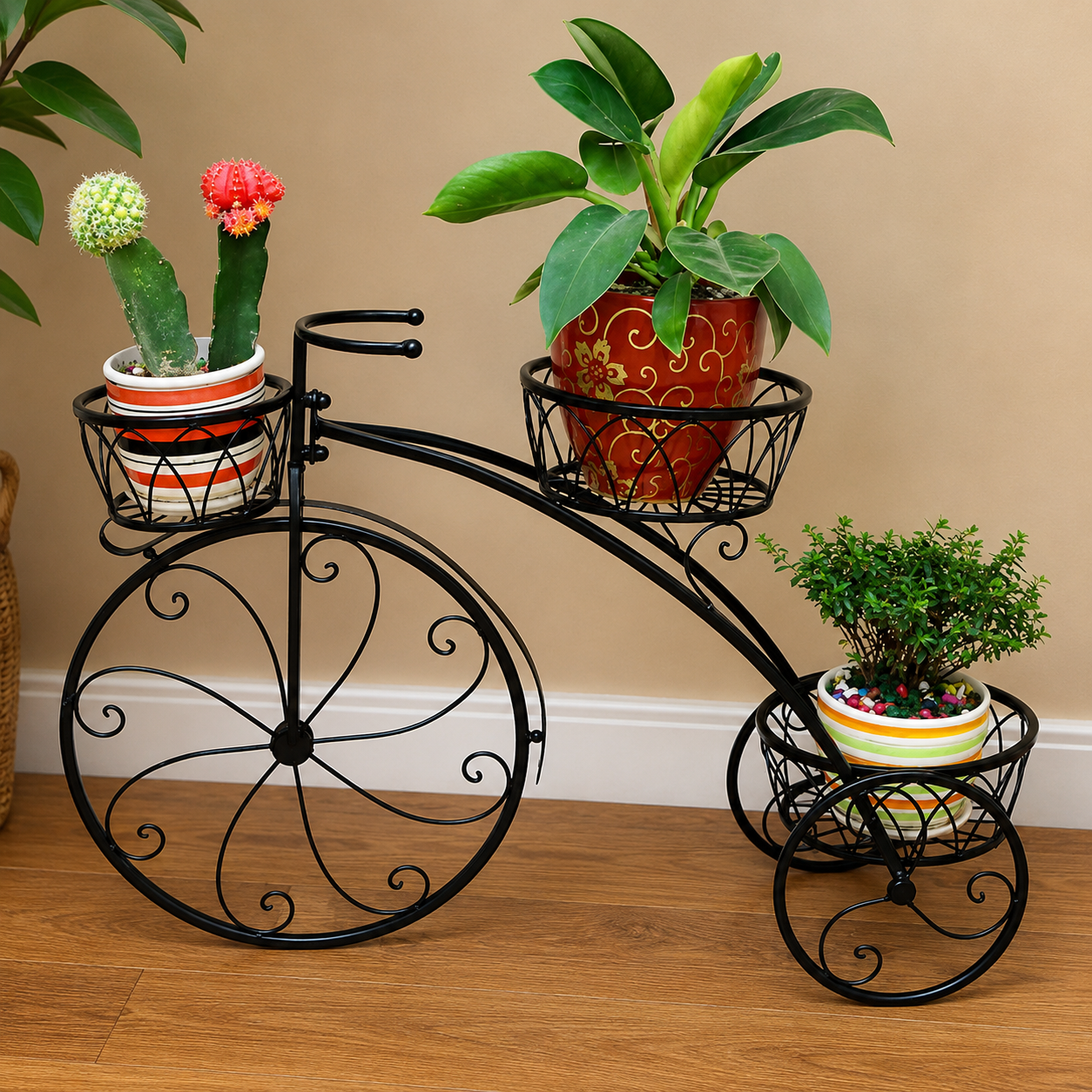 Decorative Bicycle Plant Stand | 3-Tier Metal Flower Pot Holder for Balcony, Garden & Living Room | Cycle Shape Planter Rack Ouch Cart