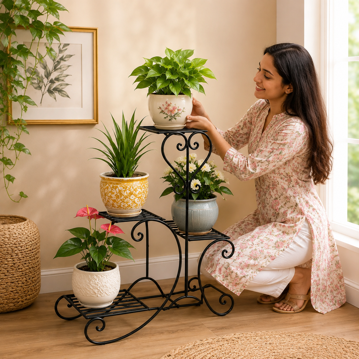Metal Plant Stand Flower Holder Racks 4 Tier Shelves Patio Indoor Outdoor Garden Displaying Wrought Iron Flowers Planters Shelf Organizer Ouch Cart