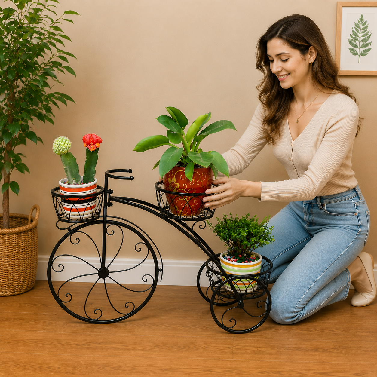 Decorative Bicycle Plant Stand | 3-Tier Metal Flower Pot Holder for Balcony, Garden & Living Room | Cycle Shape Planter Rack Ouch Cart