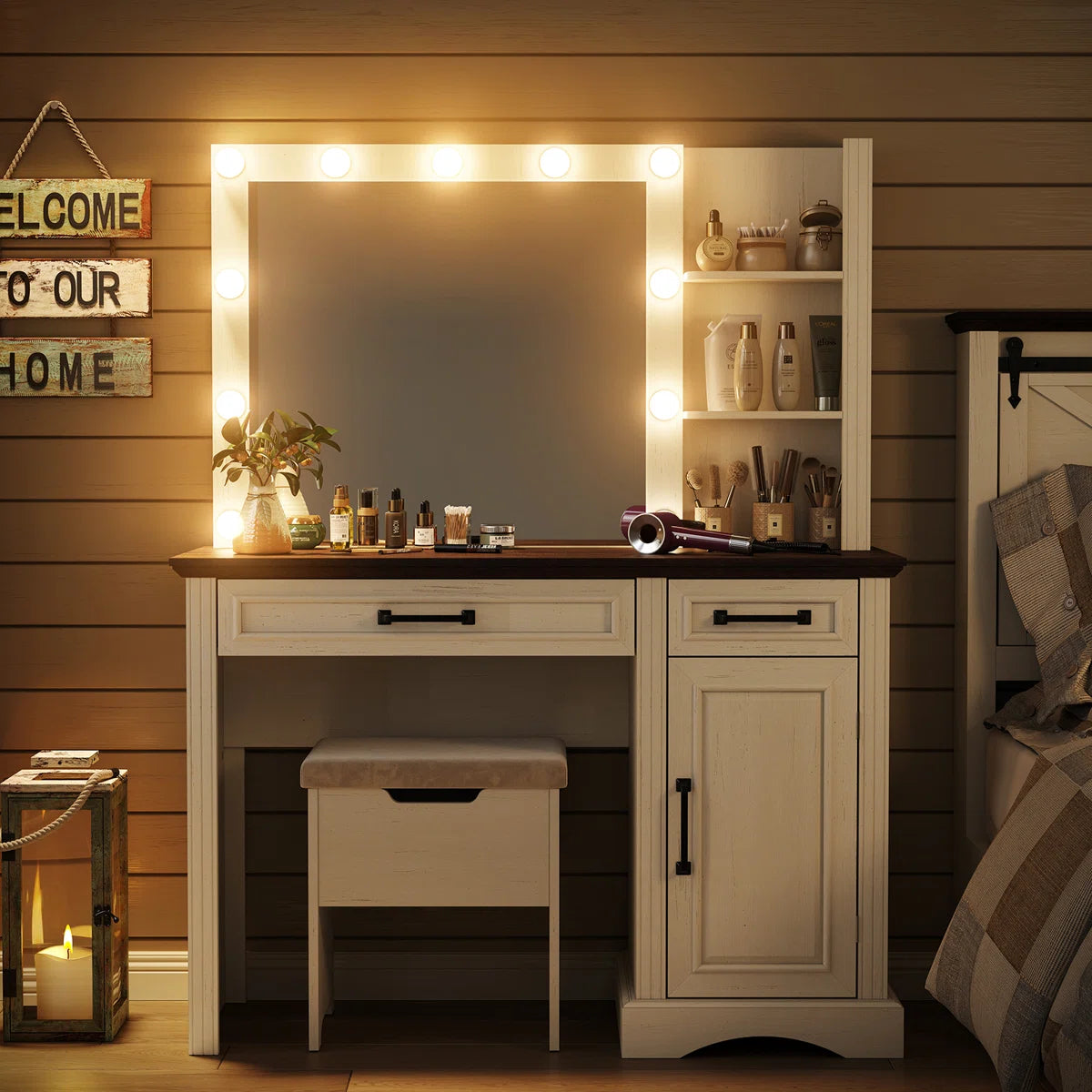 43" Chester Farmhouse Vanity Table with LED Mirror, Drawers, and Makeup Storage- OUCH CART | Dressing table