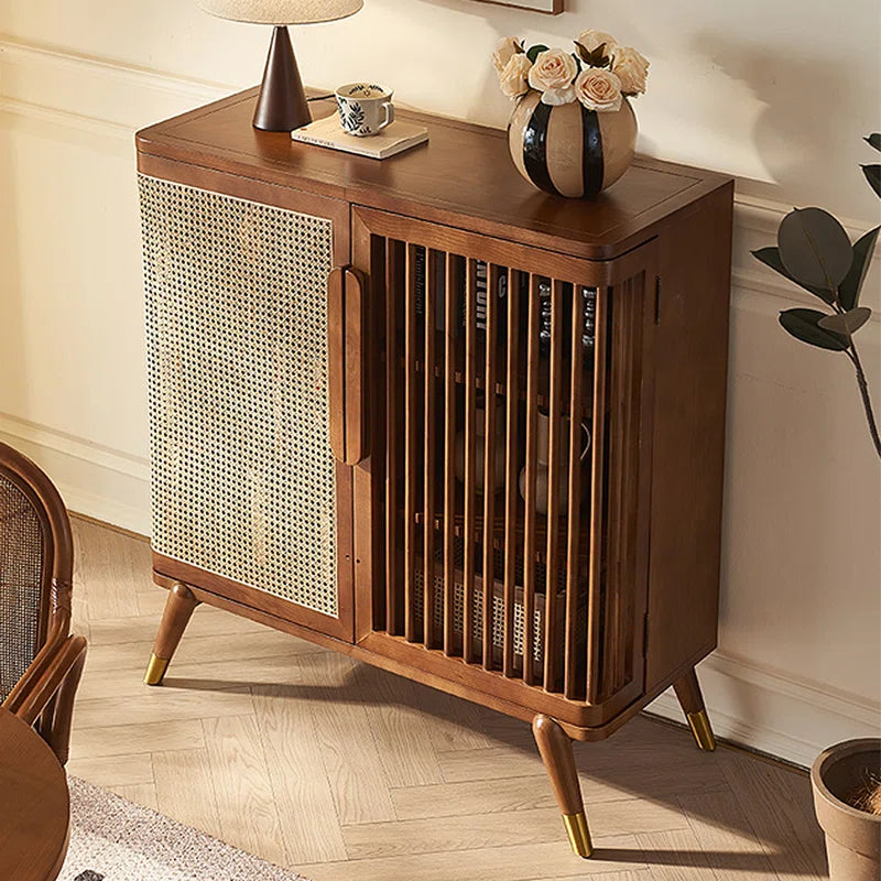 Modern Wabi-Sabi Rattan Cabinet – Solid Wood Storage Cabinet with Shelves and Rattan Doors Ouch Cart