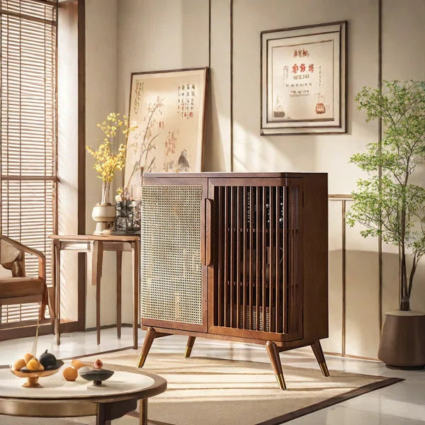 Modern Wabi-Sabi Rattan Cabinet – Solid Wood Storage Cabinet with Shelves and Rattan Doors Ouch Cart