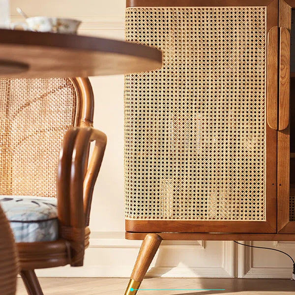 Modern Wabi-Sabi Rattan Cabinet – Solid Wood Storage Cabinet with Shelves and Rattan Doors Ouch Cart